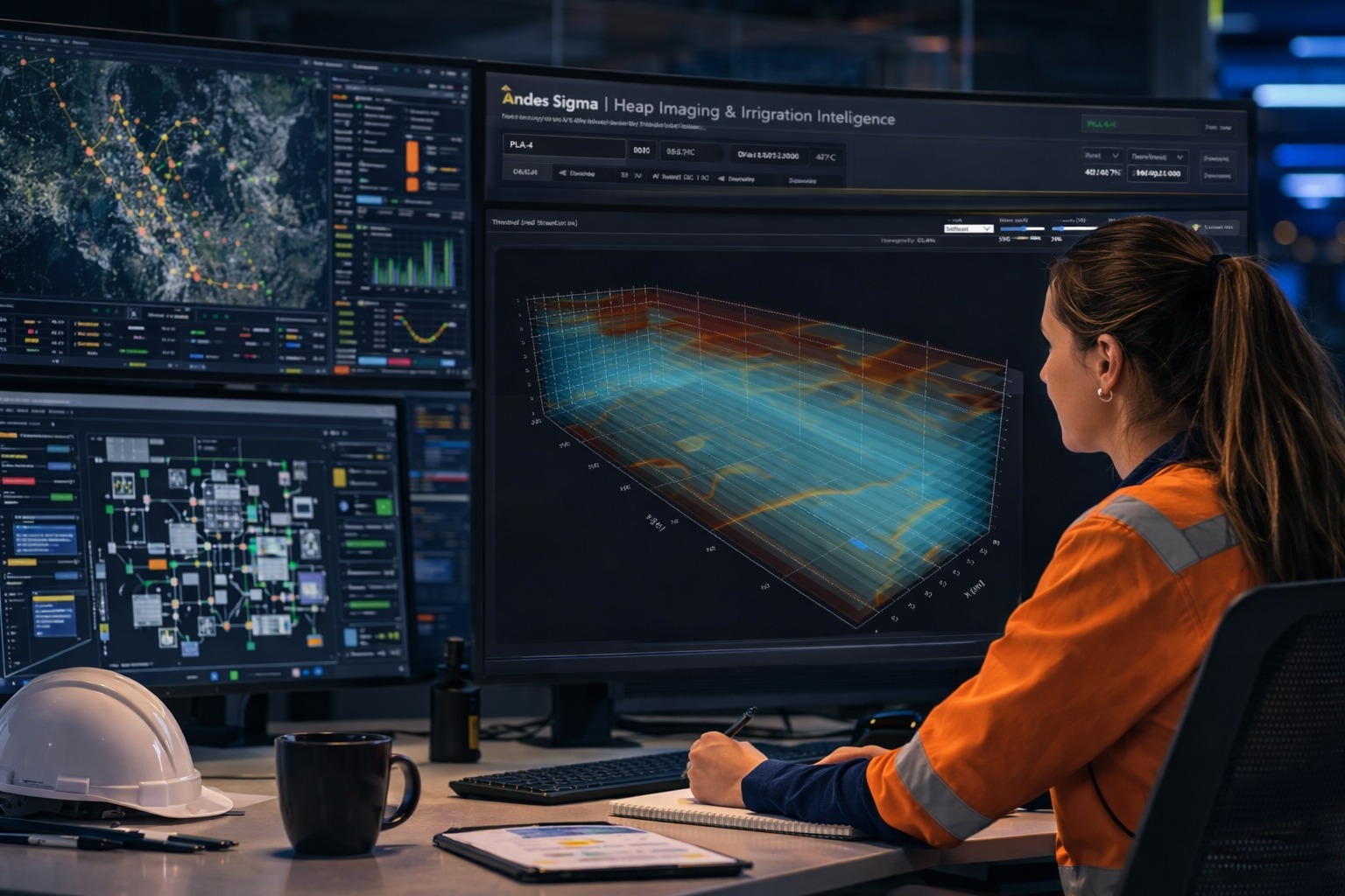 Mining control room with Andes Sigma platform for hydraulic visibility in heap leaching